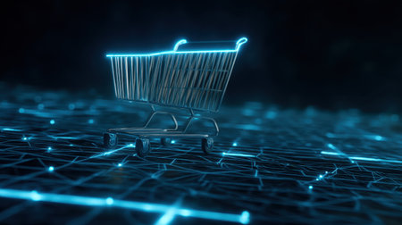 A striking visual of a neon shopping cart set against a digital matrix background, symbolizing the intersection of technology and e-commerce in modern retail.の素材