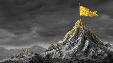 A striking scene of a golden flag fluttering at the summit of a rugged mountain, set against dark, ominous clouds, evoking themes of triumph and adventure.の素材