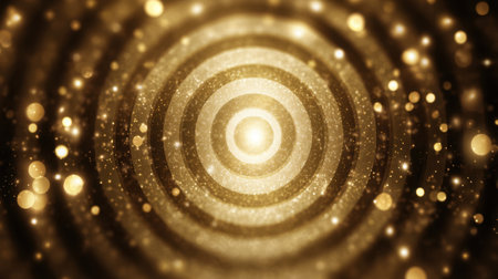 This stunning image features radiant golden circles surrounded by sparkling effects, creating a magical atmosphere ideal for various design projects and decorations.の素材