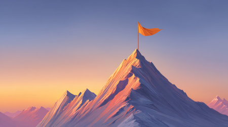 A stunning mountain landscape featuring a lone orange flag atop a snow-covered peak, illuminated by the warm glow of sunset, symbolizing adventure and achievement.の素材