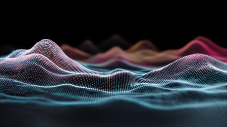 An abstract digital landscape featuring colorful lights and dots, illustrating a captivating blend of technology and creativity in a futuristic setting. Perfect for various projects.の素材