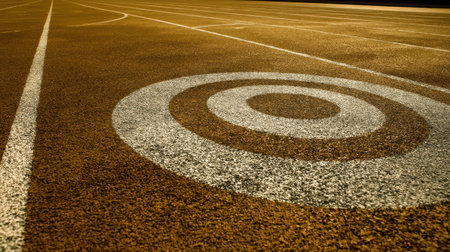Captivating close-up of an athletic track featuring a prominent target circle marking. The warm lighting enhances the texture and lines, creating a dynamic sports environment.の素材