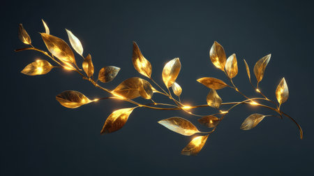 Stunning golden leaves branch with a soft glowing effect against a dark background, perfect for highlighting elegance in design and nature-inspired themes.の素材