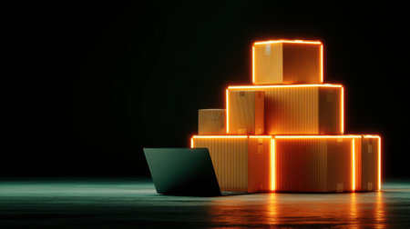A visually striking arrangement of cardboard boxes illuminated by a neon glow in a dark warehouse setting, perfect for themes around shipping, logistics, and e-commerce.の素材