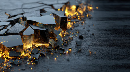 Captivating image of shattered glass pieces with glowing particles, set against a dark surface. This abstract design evokes intrigue and depth, ideal for artistic projects.の素材