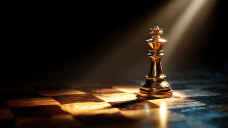 A striking golden chess king piece stands prominently on a dark chessboard, bathed in dramatic lighting that creates captivating reflections and shadows.の素材