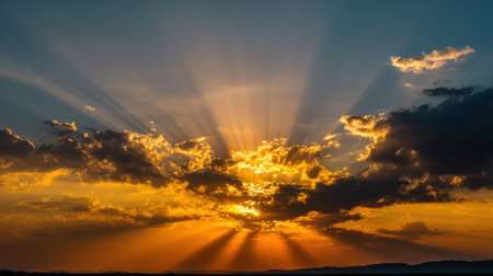 A breathtaking sunrise captivates viewers with rays of light bursting through clouds. This beautiful scene invites tranquility and evokes a sense of peace in nature.の素材