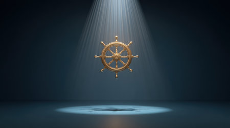 A striking golden ship's wheel floats above a dark surface, bathed in dramatic light rays, symbolizing guidance and adventure in maritime journeys.の素材