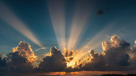 A stunning sunset scene showcases radiant sunbeams filtering through fluffy clouds, creating a mesmerizing display of colors over the horizon, evoking tranquility and beauty.の素材