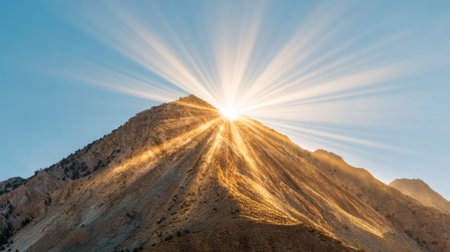 A breathtaking scene of a mountain peak at sunrise showcasing radiant light rays that create a mesmerizing atmosphere, highlighting the natural beauty and serenity of the landscape.の素材