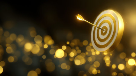 A striking golden target with an arrow perfectly hitting the bullseye, representing success and precision in personal and business goals. An inspiring image showcasing achievement.の素材