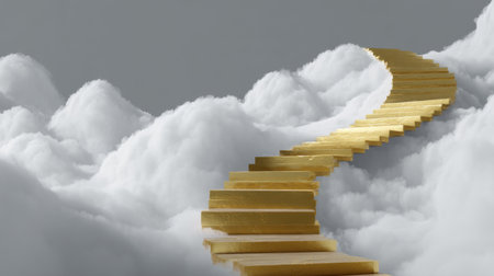 A breathtaking image of a golden staircase winding through soft white clouds, leading to a calm gray sky. This visual represents journeys of hope and inspiration.の素材