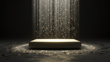 A minimalist display platform illuminated by soft, shimmering particles falling from above, creating an enchanting atmosphere perfect for showcasing products or art.の素材