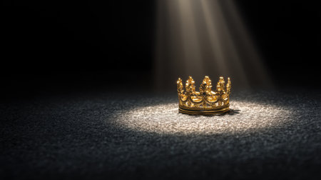 A stunning golden crown is set against a dark backdrop, illuminated by dramatic light rays. The image evokes royalty and elegance, perfect for creative projects.の素材