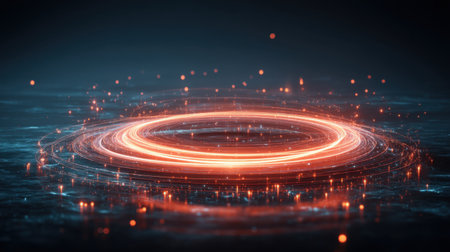 This captivating abstract image features a glowing ring with swirling light trails and sparkling particles against a dark backdrop, perfect for digital art and fantasy concepts.の素材