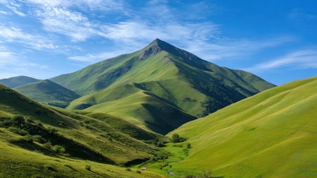 Explore a stunning landscape featuring a vibrant green mountain under a brilliant blue sky. This serene scenery captures the essence of nature's beauty, complete with rolling hills and a gentle stream.の素材