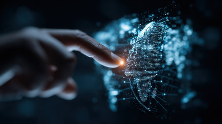 A captivating scene of a hand reaching out to interact with a holographic world map, symbolizing digital connectivity and advanced technology in a global context.の素材