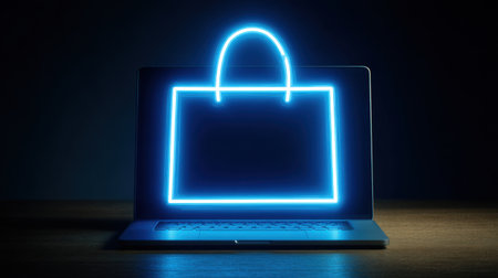 A sleek laptop screen featuring a neon glowing shopping bag, symbolizing the world of online retail and modern e-commerce in a stylish dark environment.の素材