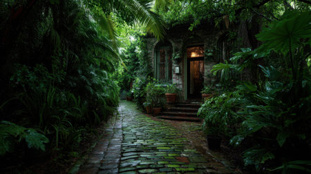 Discover a peaceful retreat with a winding pathway leading to a charming cottage embraced by lush tropical greenery and vibrant foliage, creating a serene atmosphere.の素材