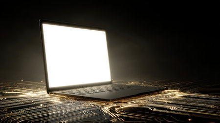 A modern laptop with a bright screen hovers over a futuristic circuit board, creating a striking contrast in a dark environment, perfect for technology concepts.の素材