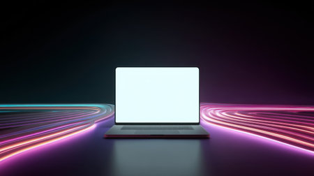 A sleek laptop with a blank screen is elegantly positioned against a dark background, surrounded by vibrant light trails, perfect for showcasing technology themes and business inspirations.の素材