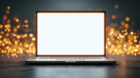 A sleek laptop with a blank screen rests on a dark surface, surrounded by glowing bokeh lights, perfect for showcasing digital content or tech backgrounds.の素材