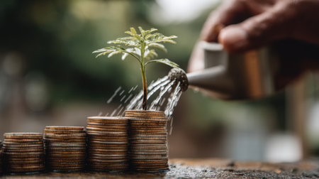 A hand waters a small plant emerging from a stack of coins, representing the connection between financial investment and natural growth in a lush environment.の素材
