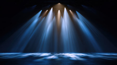 A captivating scene featuring dramatic beams of blue and white stage lighting illuminating an empty space. Ideal for use in creative projects and events.の素材