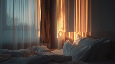A cozy bedroom bathed in warm morning light, with soft pillows and flowing curtains creating a serene atmosphere perfect for relaxation and tranquility.の素材
