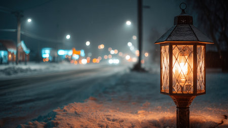 A captivating image of a glowing street lamp surrounded by snow on a chilly winter night, showcasing warm light against a frosty urban backdrop.の素材