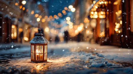 A captivating winter scene features a warm lantern glowing on a snowy street, surrounded by twinkling lights, evoking a sense of festive serenity and charm.の素材