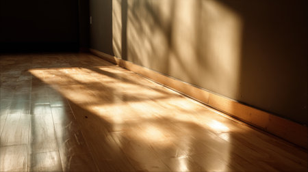 A serene interior scene featuring soft natural light casting gentle shadows on a polished wooden floor. The warm tones create a tranquil atmosphere in an empty room.の素材