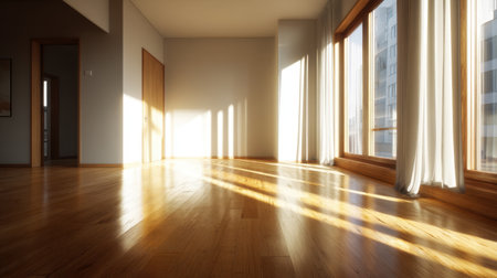 An inviting empty room featuring beautiful wooden floors and large windows that allow soft sunlight to fill the space, creating a warm and serene atmosphere.の素材