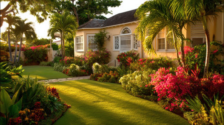 Experience the beauty of a vibrant tropical garden at sunset, featuring colorful flowers, lush green lawn, and swaying palm trees creating a serene outdoor atmosphere.の素材