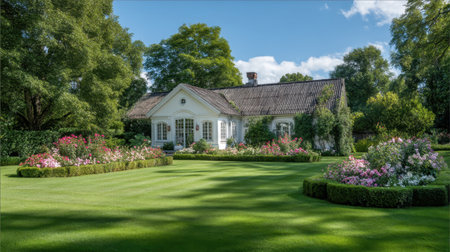 Beautiful countryside house set amidst colorful flower beds and a lush lawn, creating a serene atmosphere perfect for relaxation and outdoor enjoyment.の素材