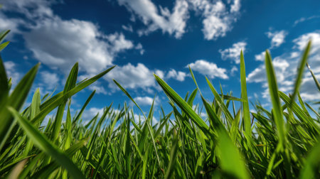 A vibrant view of lush green grass under a bright blue sky filled with fluffy white clouds. This image captures the essence of tranquility and natural beauty.の素材