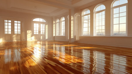 A bright and spacious room featuring a polished wooden floor and large windows that invite evening sunlight, creating a warm and inviting atmosphere with stunning views.の素材