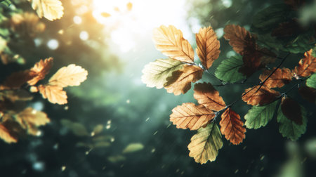 A serene autumn scene showcasing vibrant oak leaves illuminated by soft sunlight filtering through the forest canopy, evoking a sense of tranquility and peace.の素材