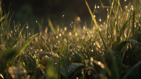 A stunning image capturing dew drops on lush green grass illuminated by soft sunlight at dawn. This serene scene embodies nature's beauty and freshness.の素材