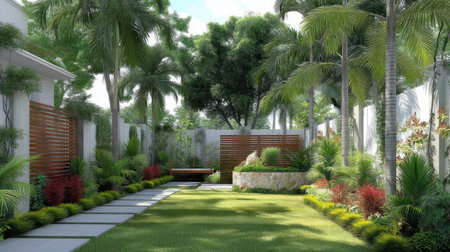 A tranquil tropical garden features a pathway lined with lush greenery, vibrant plants, and stone elements, creating a serene outdoor space perfect for relaxation and enjoyment.の素材