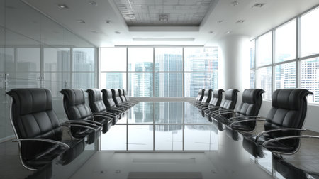 A modern and elegant conference room featuring sleek black executive chairs, a long glass table, and panoramic city views through expansive windows. Perfect for meetings.の素材
