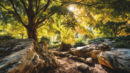 Capture the essence of tranquility in this beautiful forest scene, showcasing sunlight filtering through vibrant trees and surrounding stones in a peaceful garden.の素材