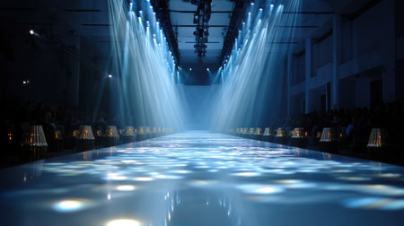 This image captures a dramatic fashion runway illuminated by blue lighting, showcasing an elegant indoor setting with empty audience seating, perfect for event promotions.の素材
