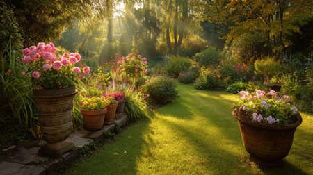 A tranquil garden scene features vibrant flowers in decorative pots, basking in the warm glow of morning sunlight. An idyllic outdoor space for reflection and beauty.の素材