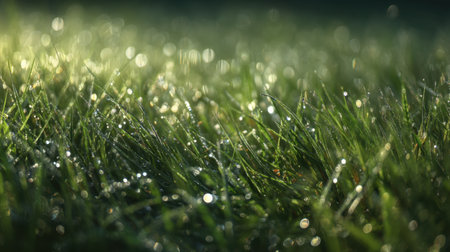A stunning close-up image capturing dew-kissed grass blades, glittering in morning sunlight, showcasing the intricate details and refreshing vibrancy of nature at dawn.の素材