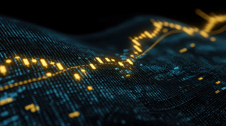 This captivating abstract image showcases glowing candlestick charts on a digital grid, illustrating dynamic market trends and financial analytics in vibrant blue and yellow tones.の素材