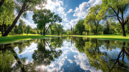 A breathtaking view of a peaceful park featuring lush trees, a clear blue sky, and calm water reflecting the natural beauty, perfect for relaxation and inspiration.の素材