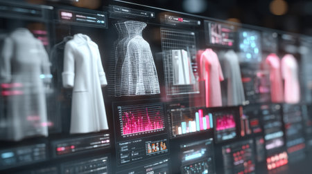 Vivid representation of a futuristic fashion design interface showcasing 3D dress models alongside data analytics, perfect for fashion technology and virtual design concepts.の素材