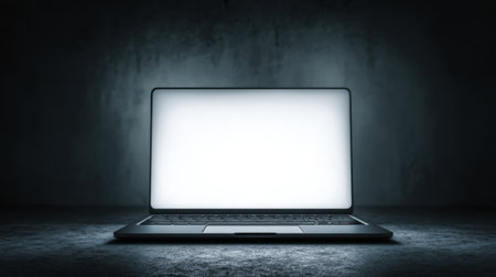 This image features a minimalistic laptop on a surface, showcasing a blank screen. Its dark ambient style, with subtle lighting, creates an ideal backdrop for digital projects or creative designs.の素材