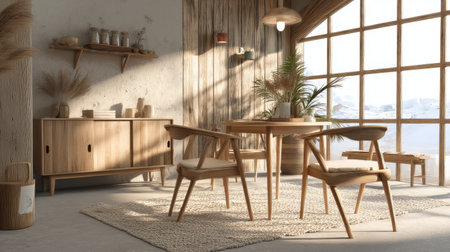A serene minimalist dining area featuring natural wood furniture, a stylish table and chairs, and large windows that flood the space with light and scenic views.の素材